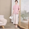 A two-piece Chinese-style cotton and linen set for petite moms in summer, a plain embroidered top and wide-leg pants set for middle-aged and elderly women Specification image
